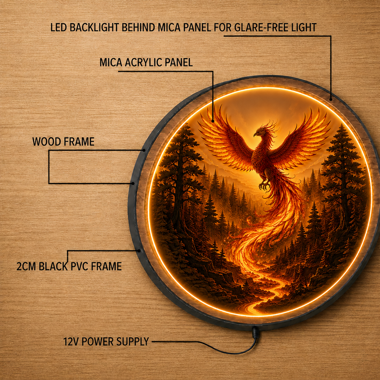 Phoenix Rising LED Wall Art – Illuminated Mythical Bird Decor
