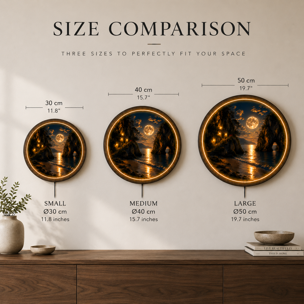 Moonlit Coastal Cliffs LED Wall Art – Round Illuminated Acrylic Landscape