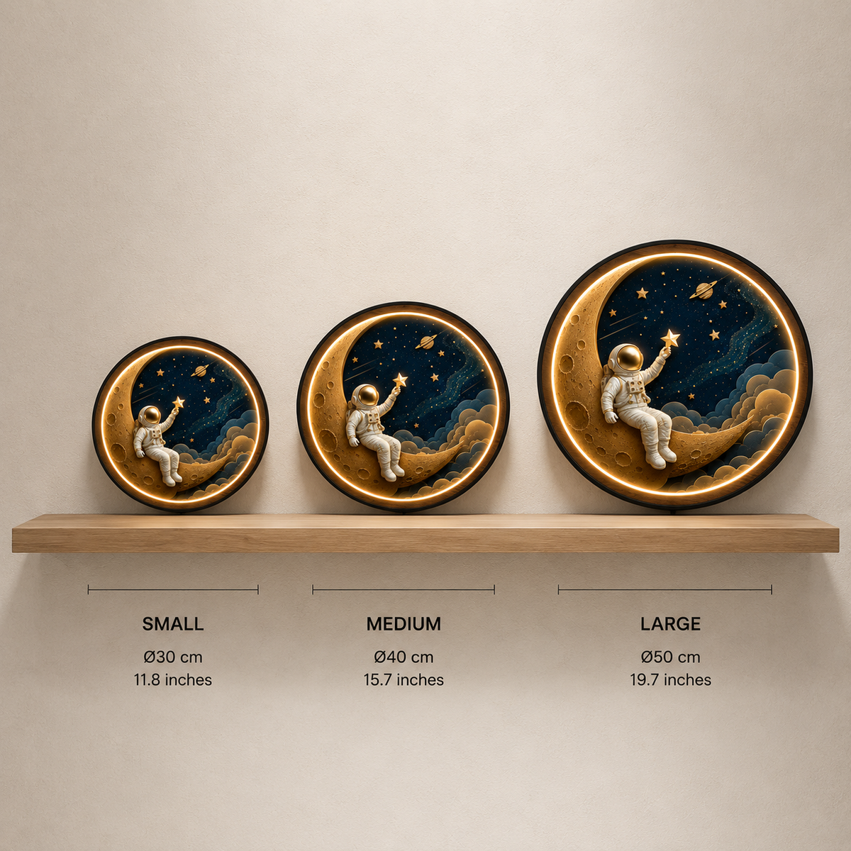 Dream Explorer LED Wall Art | Astronaut on Crescent Moon Round Illuminated Wall Decor | Warm LED Ambient Light