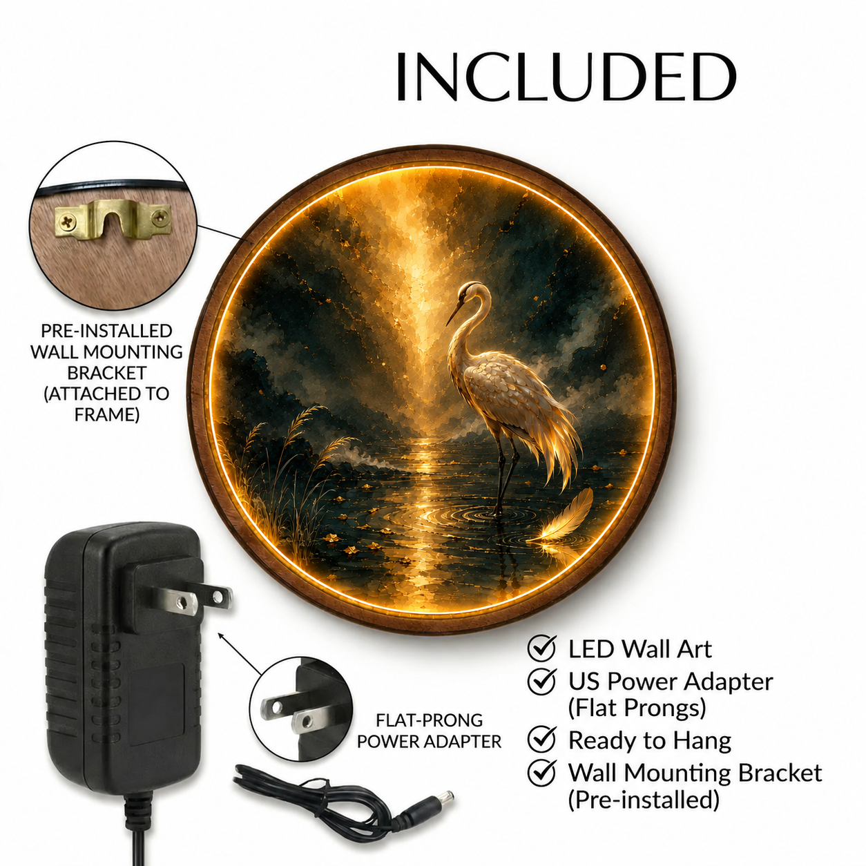 Golden Stillness Pearl Crane LED Wall Art – Luxury Round Decor