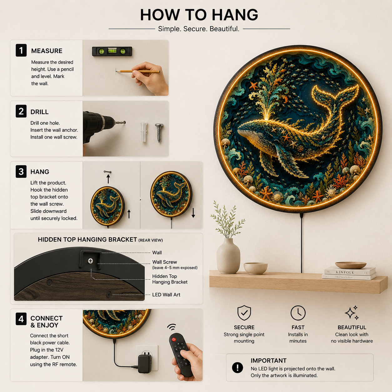 Majestic Ocean Whale LED Wall Art – Round Wooden Coastal Light Decor