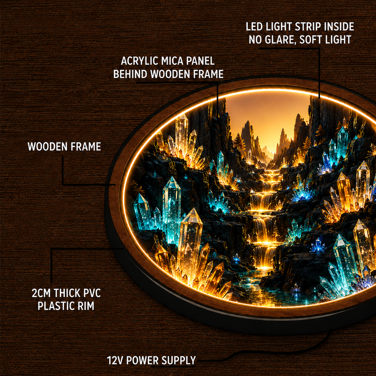 Crystal Canyon Waterfall LED Wall Art – Illuminated Fantasy Landscape Decor