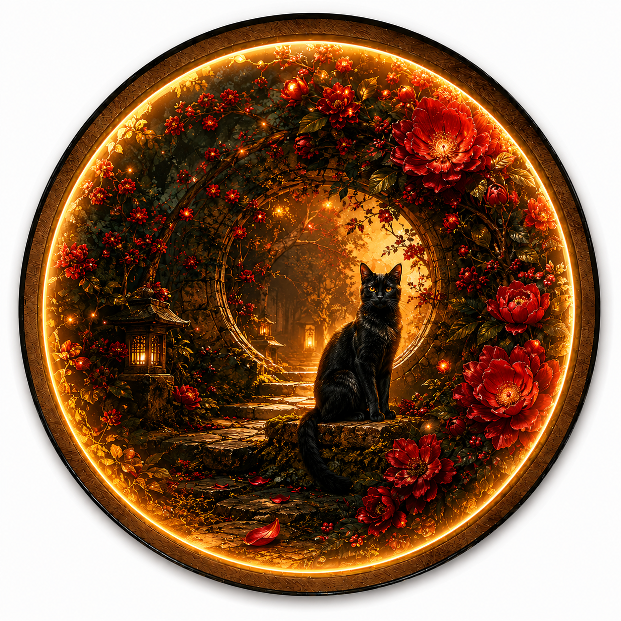 Crimson Garden Cat LED Wall Art – Black Cat Floral Decor