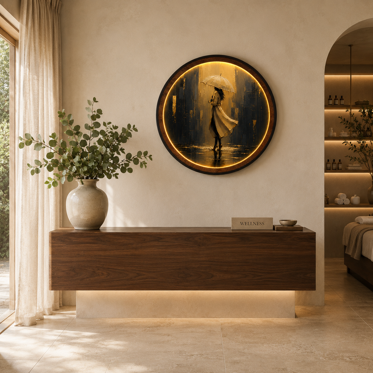 Golden Rain Elegance LED Wall Art | Round Illuminated Woman with Umbrella Wall Decor | Warm Ambient Light
