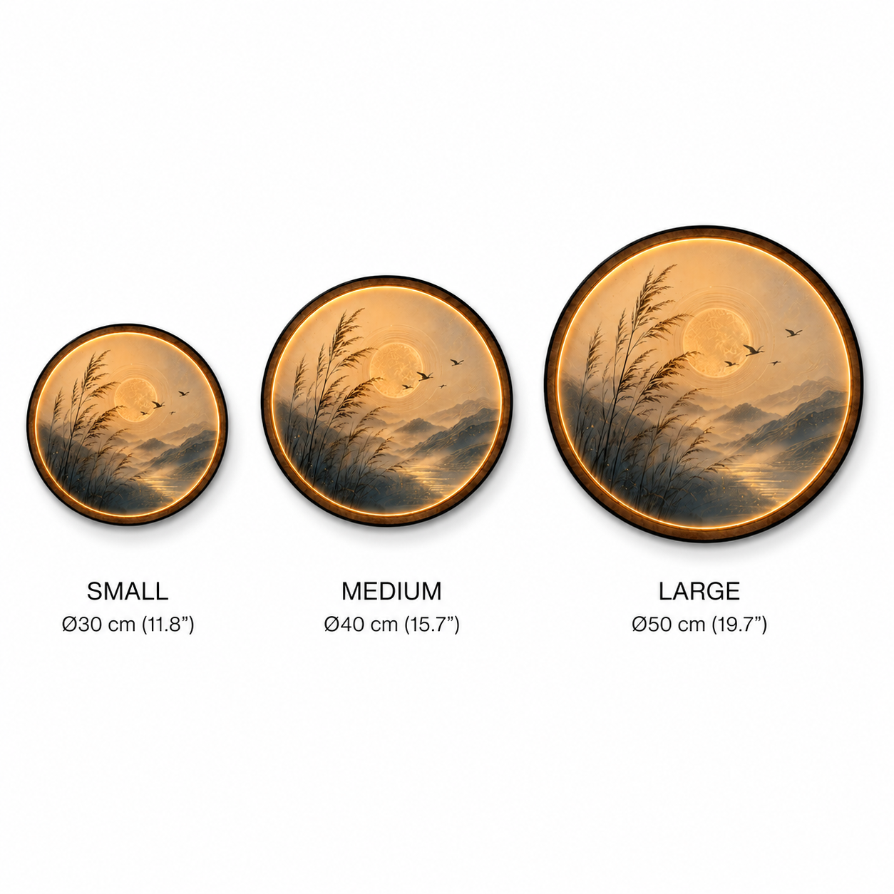 Golden Mist Serenity LED Wall Art – Japanese Zen Landscape Illuminated Round Wall Decor