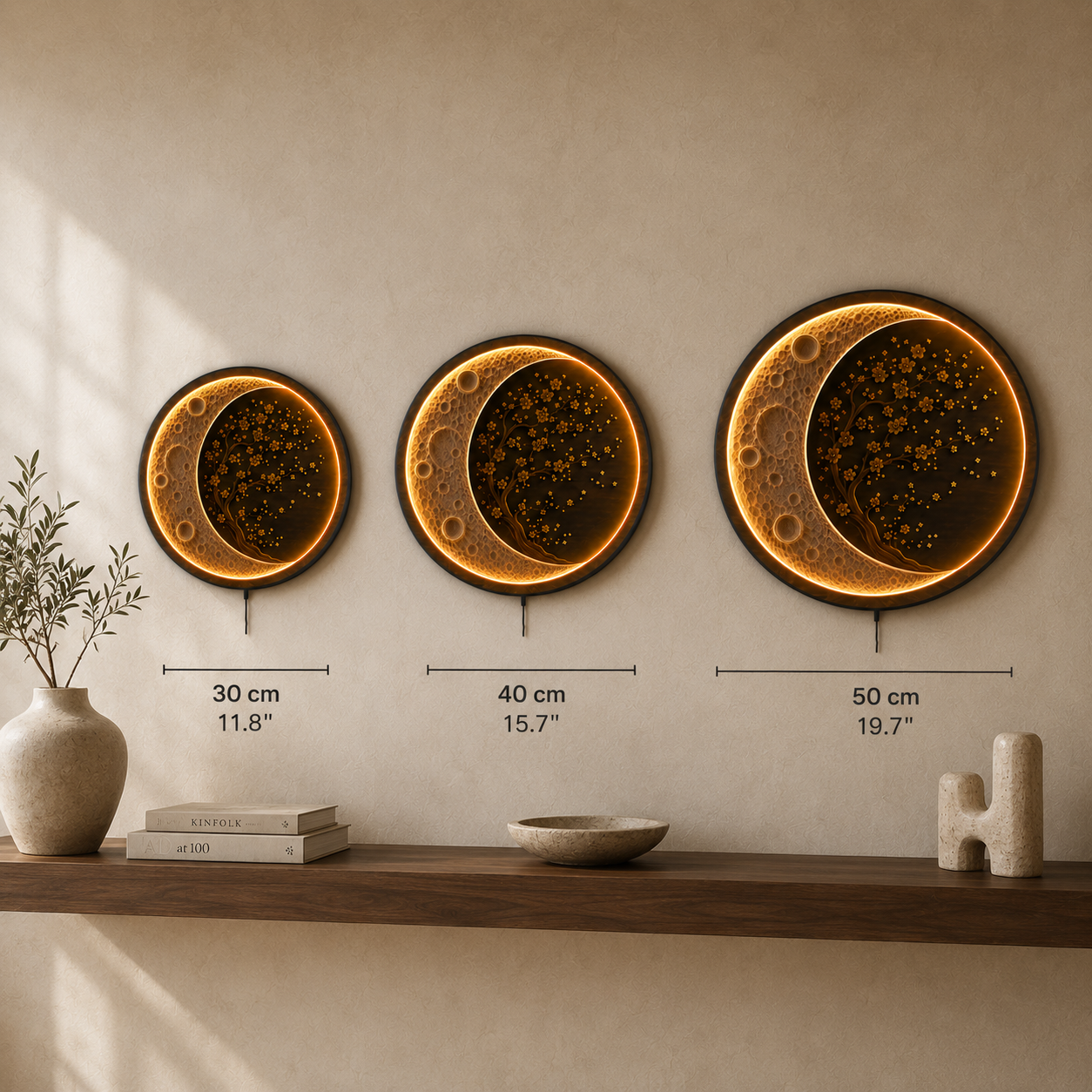 Moon Blossom LED Wall Art | Round Illuminated Moon & Cherry Blossom Wall Decor with Remote | Warm Ambient Light