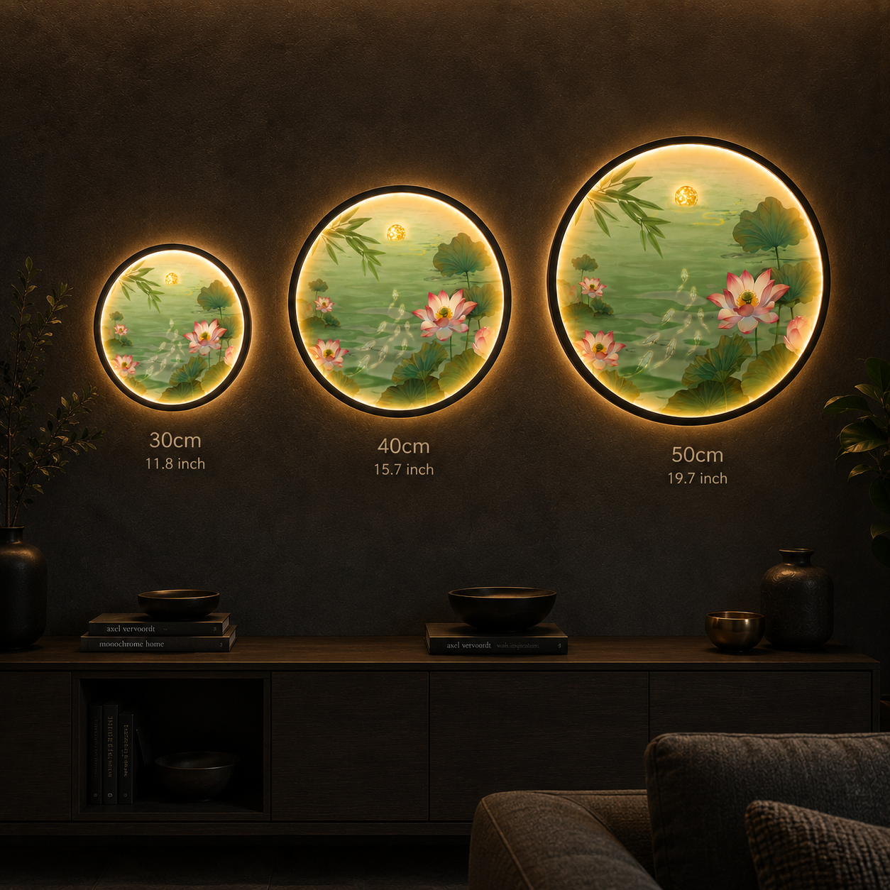 Pink Lotus Pond LED Wall Art - Koi Fish & Moon Round Wall Decor with Backlight