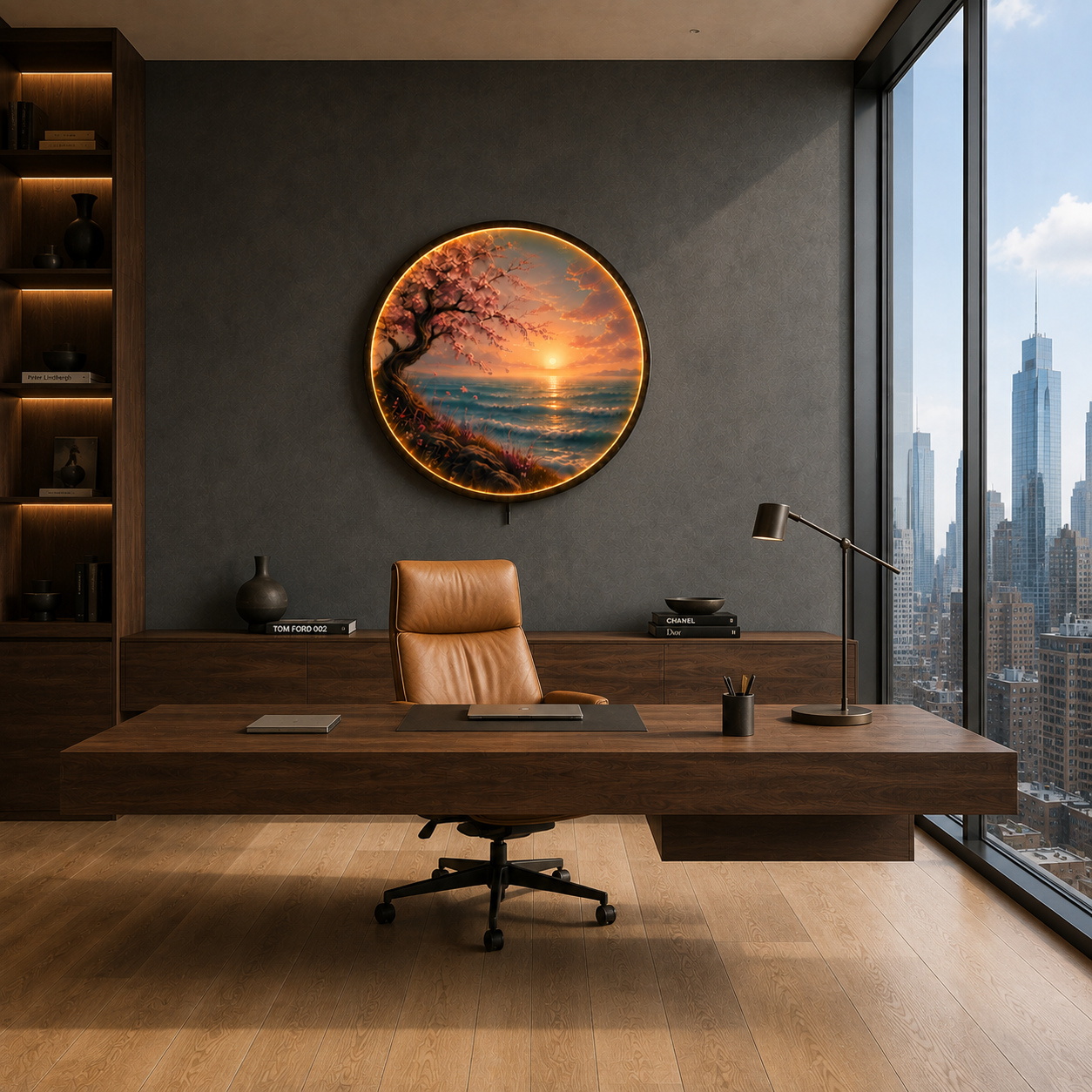Cherry Blossom Coastal Sunset LED Wall Art – Round Illuminated Acrylic Decor