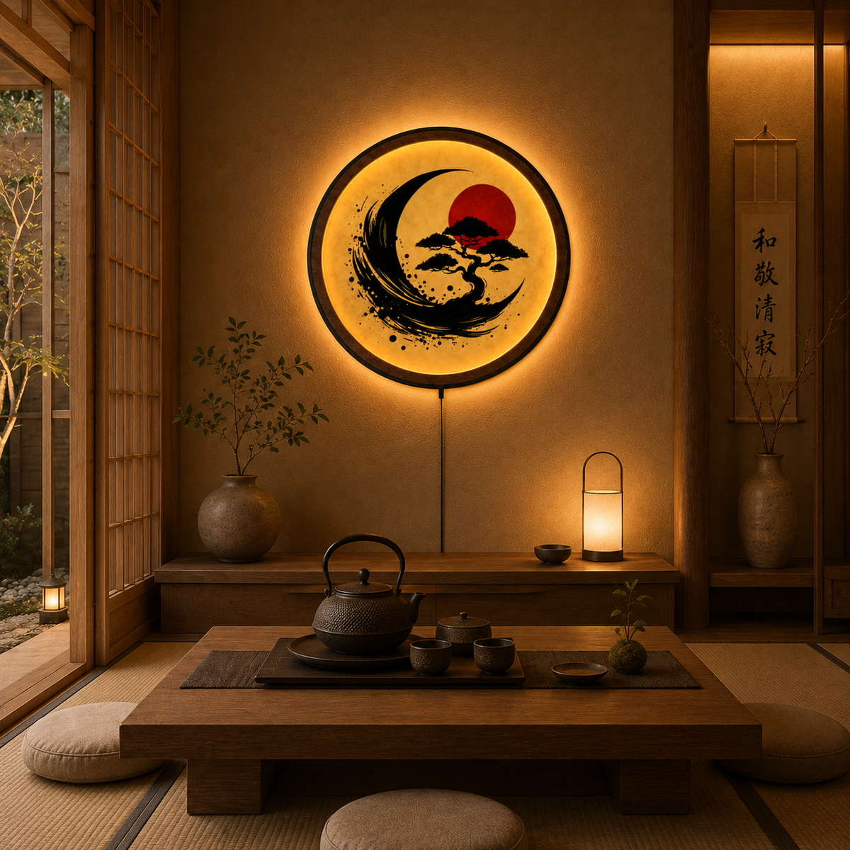 Wood Carved Japanese Bonsai Moon LED Wall Lamp | Zen Sumi-e Style Night Light