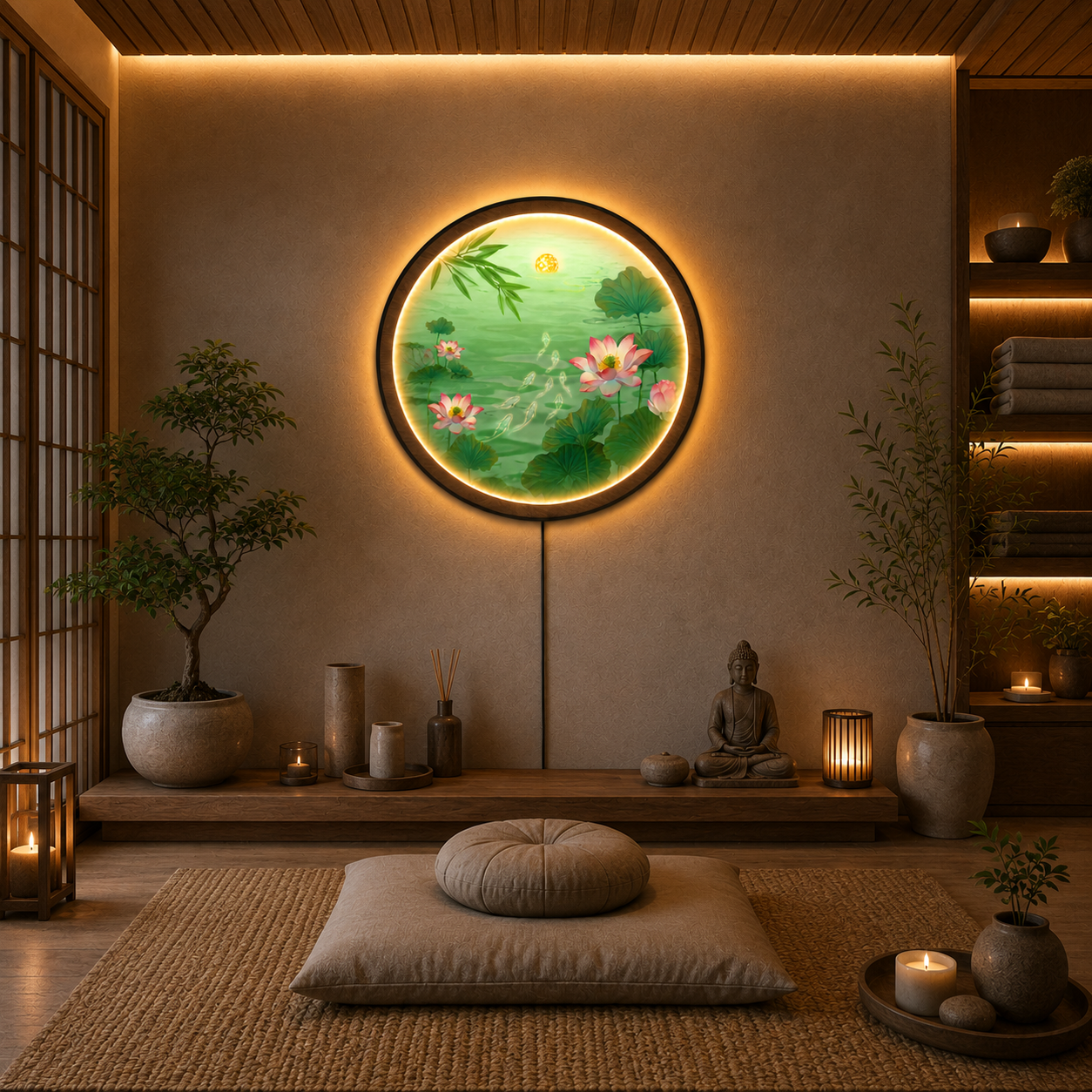 Pink Lotus Pond LED Wall Art - Koi Fish & Moon Round Wall Decor with Backlight