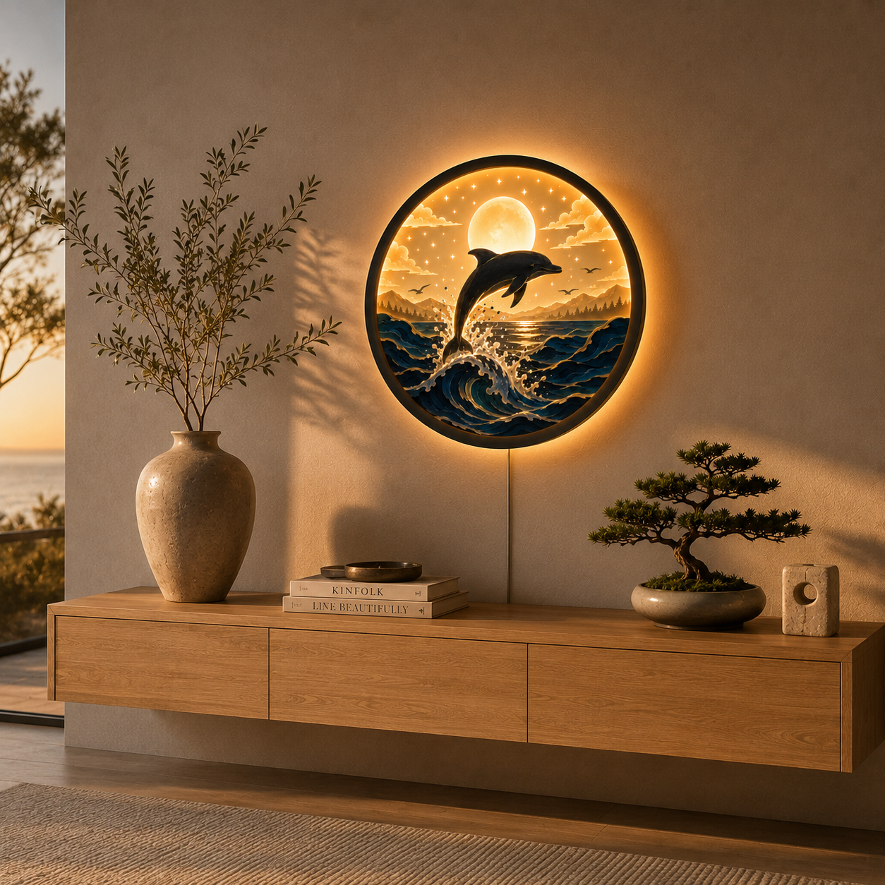 Wood Carved Dolphin Ocean Wave LED Wall Lamp | Handmade Night Light Wall Art