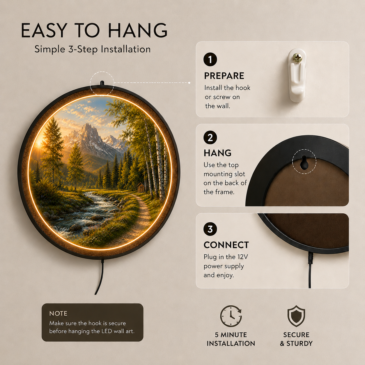 Mountain Sunrise LED Wall Art – Alpine River Round Lighted Decor