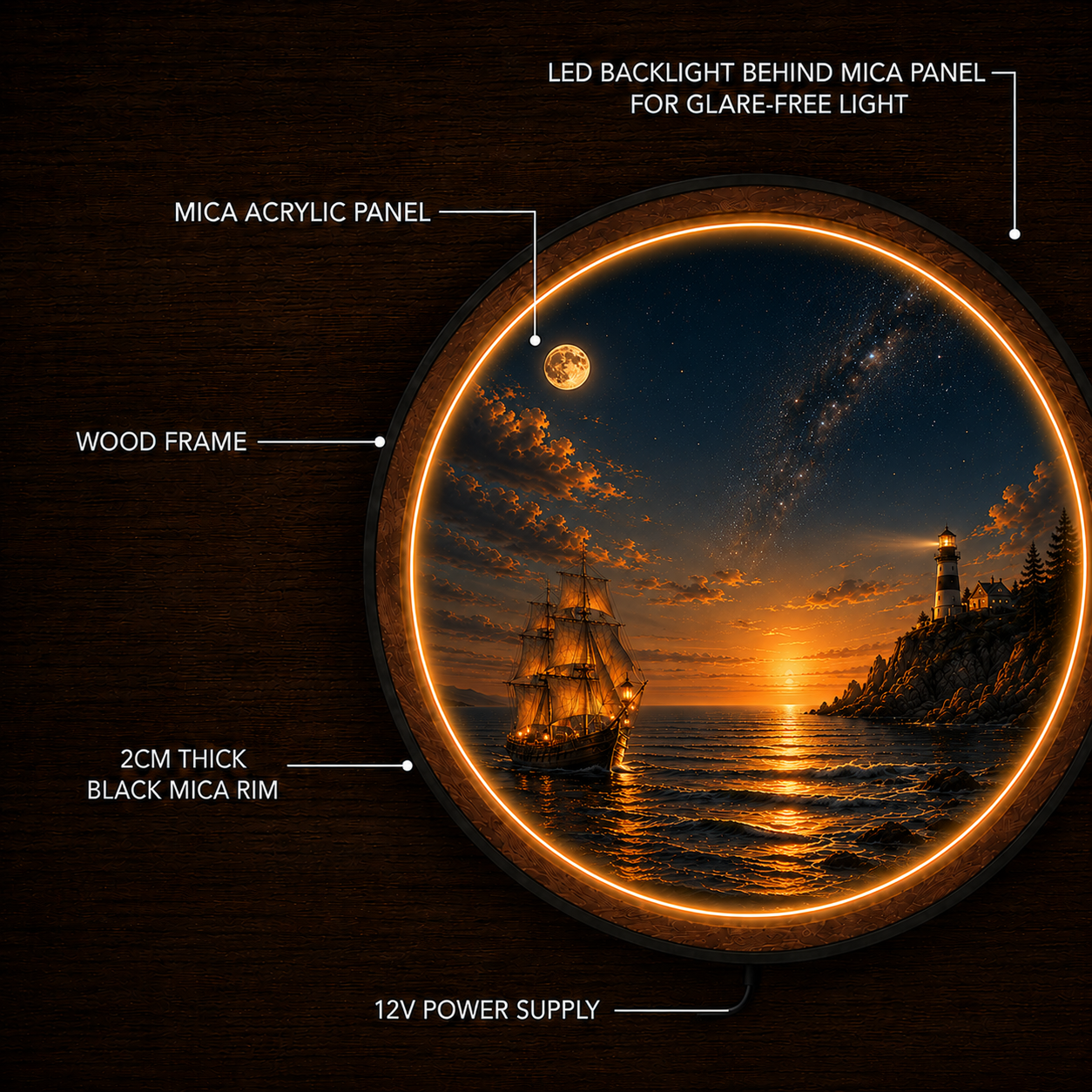Celestial Lighthouse Voyage LED Wall Art – Nautical Wooden Light Decor