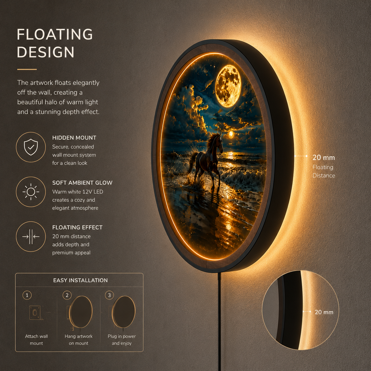 Wood Carved Horse Moonlit Beach LED Wall Lamp | Galloping Horse Night Light Wall Art
