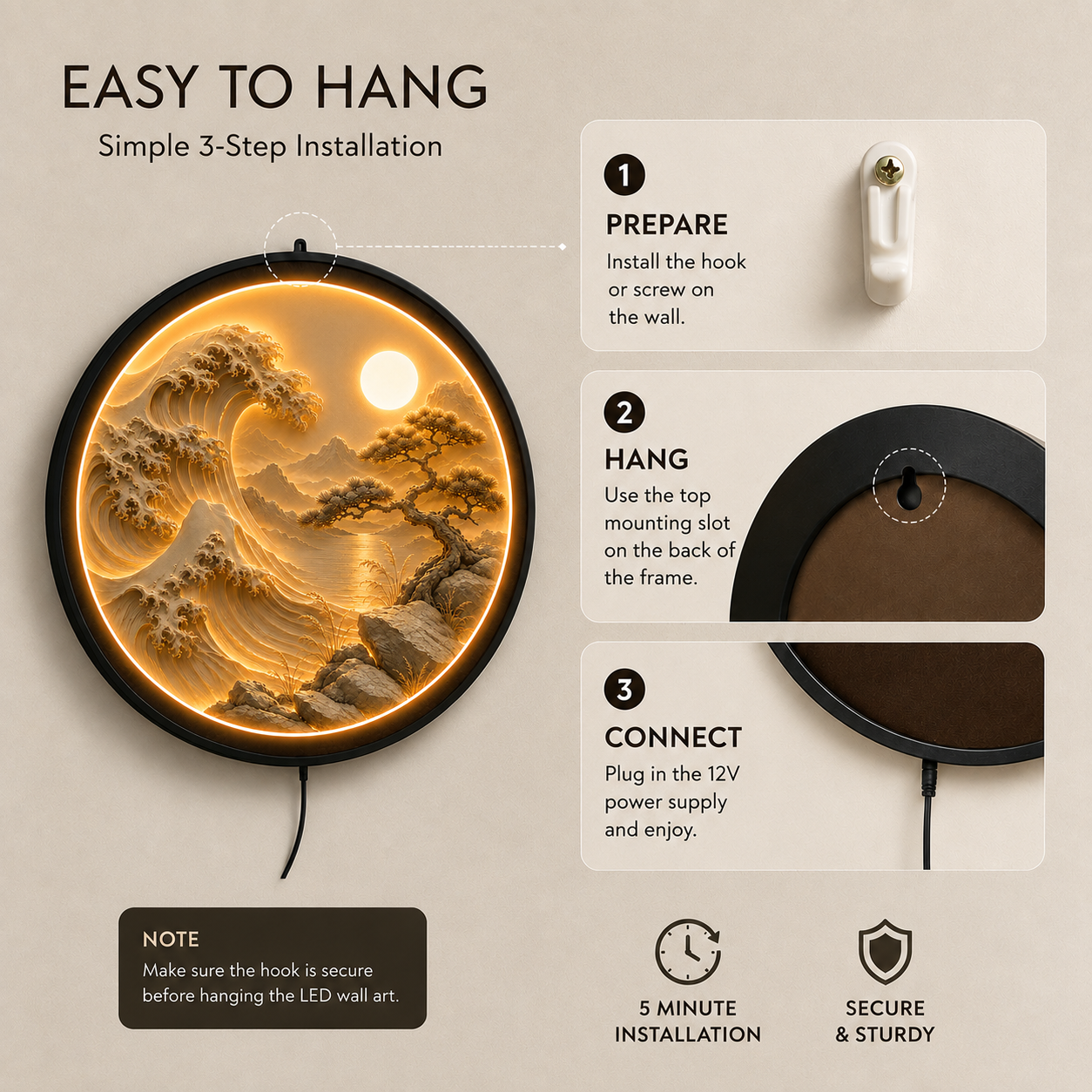 Japanese Wave & Bonsai LED Wall Art – Round Illuminated Acrylic Decor