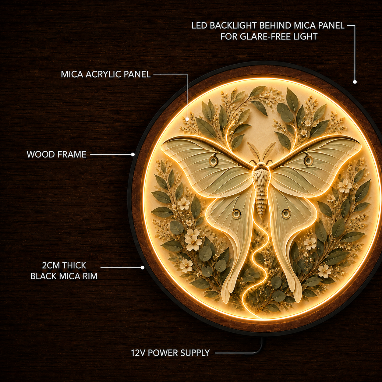 Moonlit Luna Moth LED Wall Art – Round Wooden Botanical Light Decor