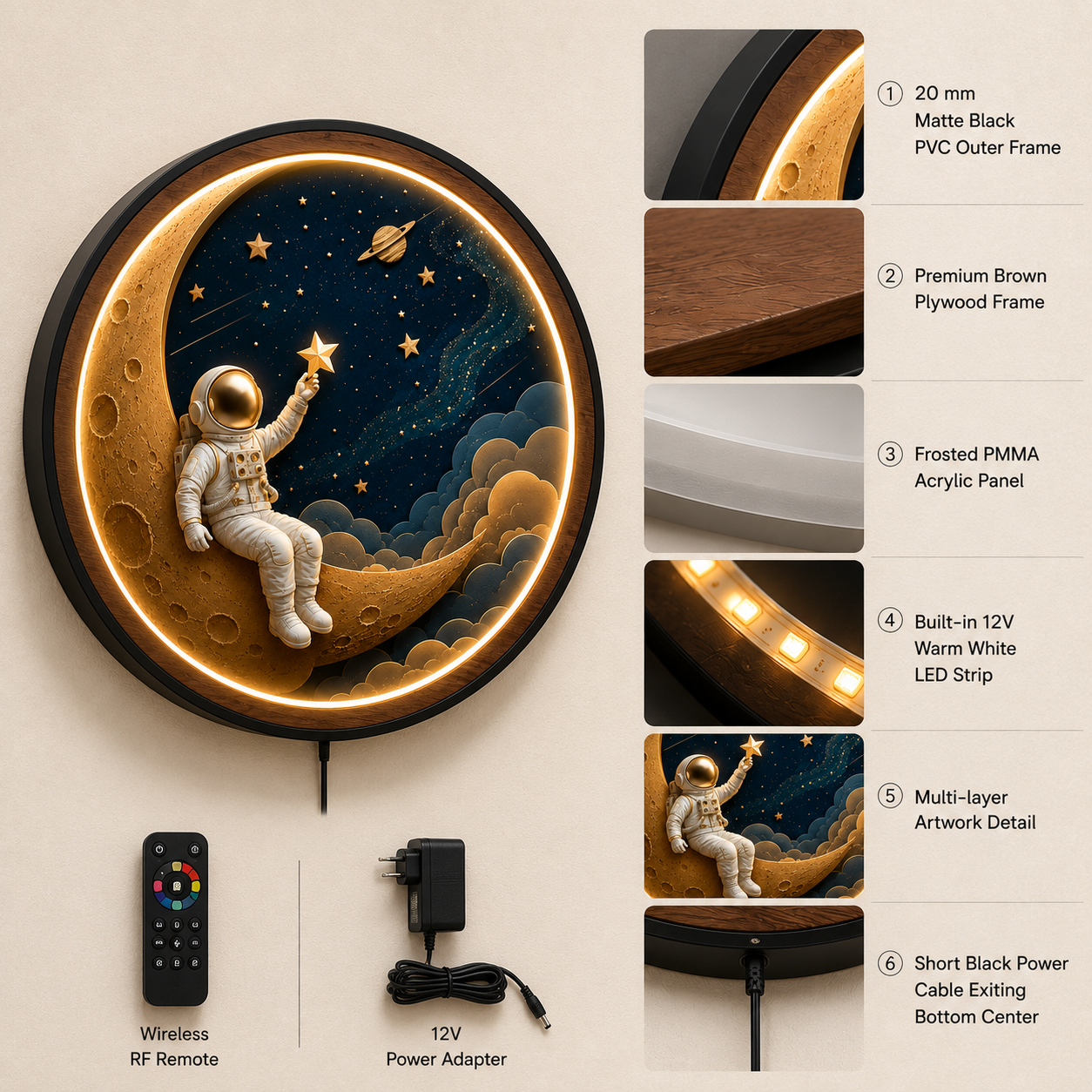 Dream Explorer LED Wall Art | Astronaut on Crescent Moon Round Illuminated Wall Decor | Warm LED Ambient Light
