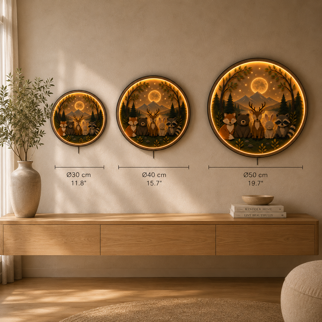 Woodland Friends LED Wall Art Light – Forest Animal Nursery Decor | Round Acrylic Wall Lamp