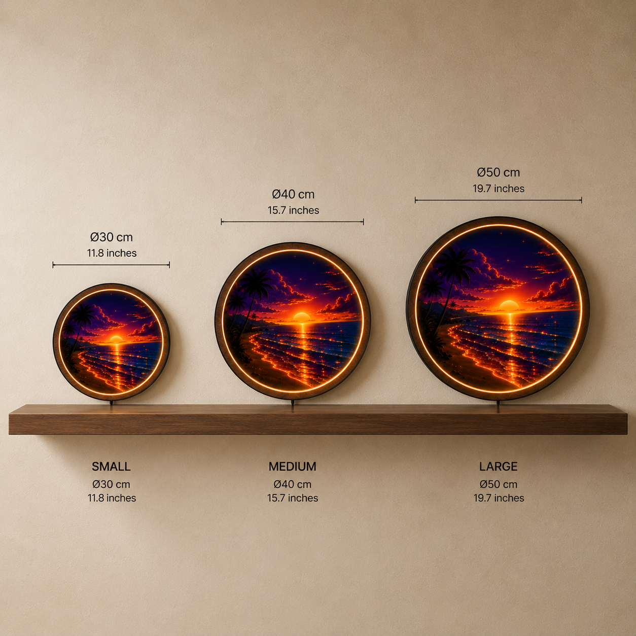 Golden Sunset Round LED Wall Art | Tropical Sunset Acrylic Wall Decor with Wooden Frame