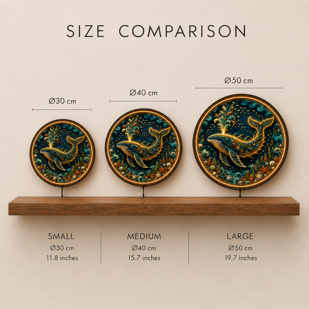 Majestic Ocean Whale LED Wall Art – Round Wooden Coastal Light Decor