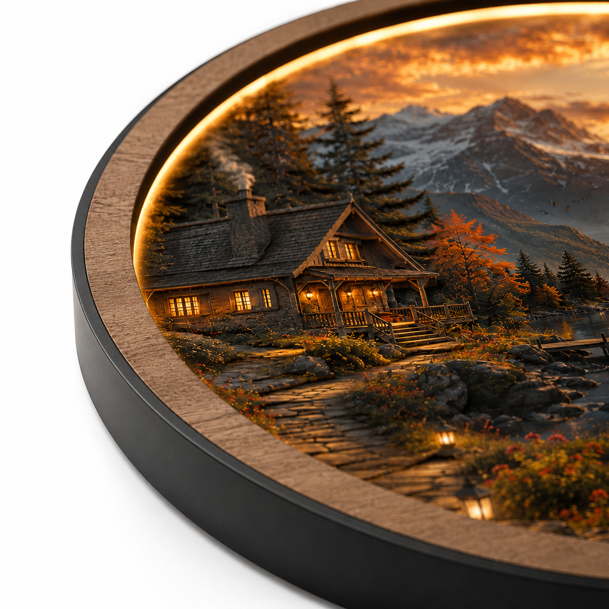 Mountain Cabin LED Wall Art – Sunset Lake Landscape Wall Decor