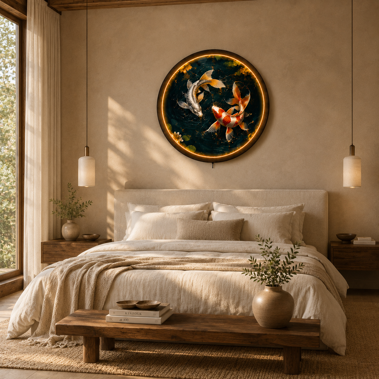 Yin Yang Koi Fish LED Wall Art | Round Illuminated Zen Wall Decor with Remote | Warm Ambient Light