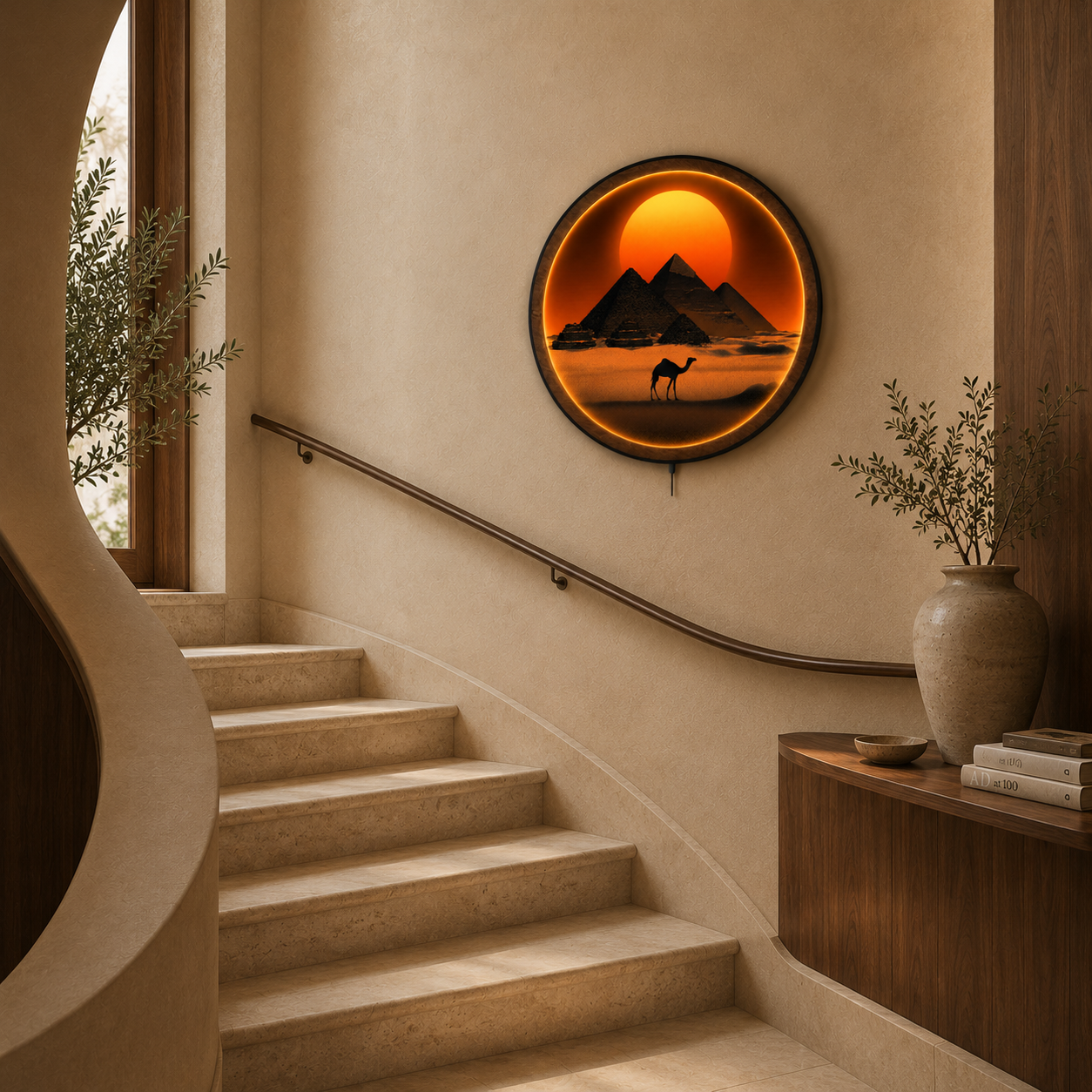 Desert Sunset Pyramid LED Wall Lamp – Wooden Frame Wall Art