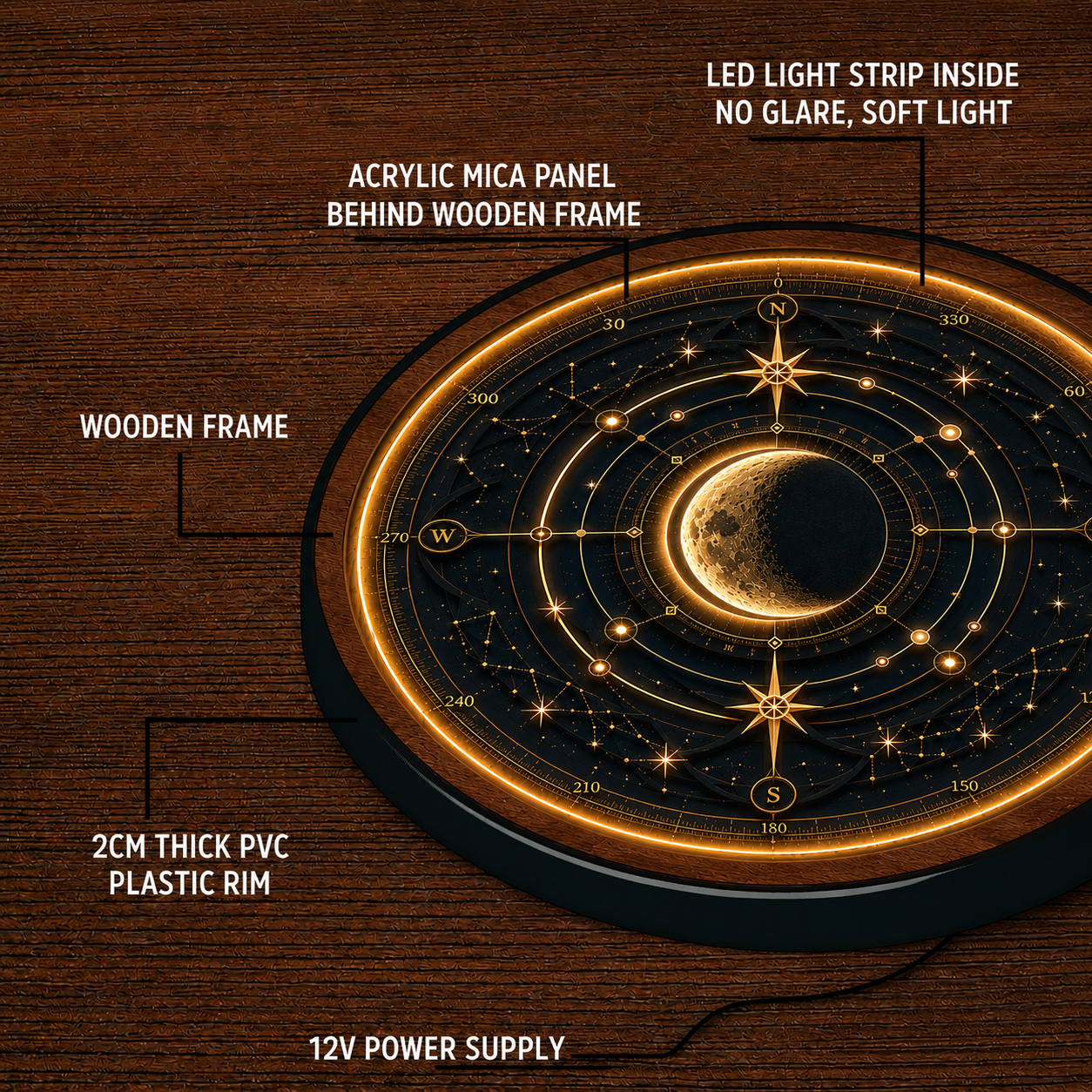 Celestial Compass Moon LED Wall Art – Illuminated Astronomical Decor