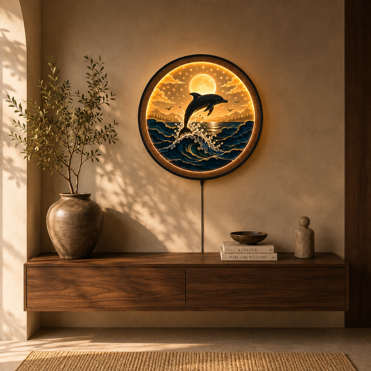 Wood Carved Dolphin Ocean Wave LED Wall Lamp | Handmade Night Light Wall Art