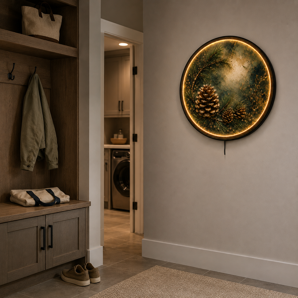Golden Pinecone LED Wall Art – Evergreen Botanical Decor