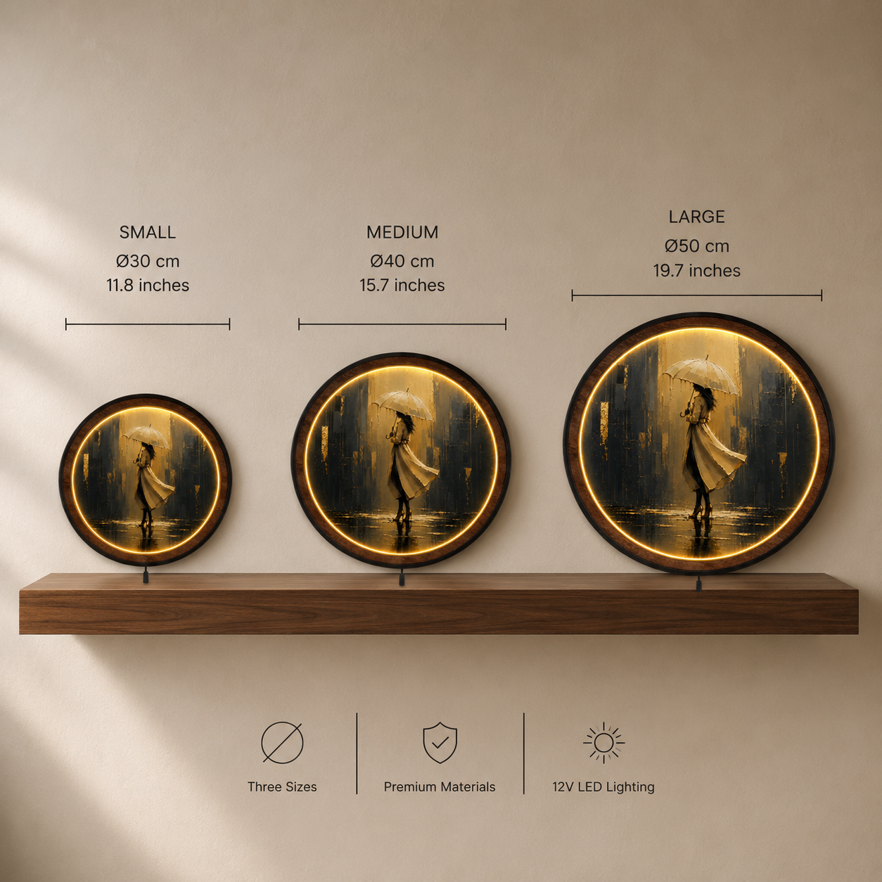 Golden Rain Elegance LED Wall Art | Round Illuminated Woman with Umbrella Wall Decor | Warm Ambient Light