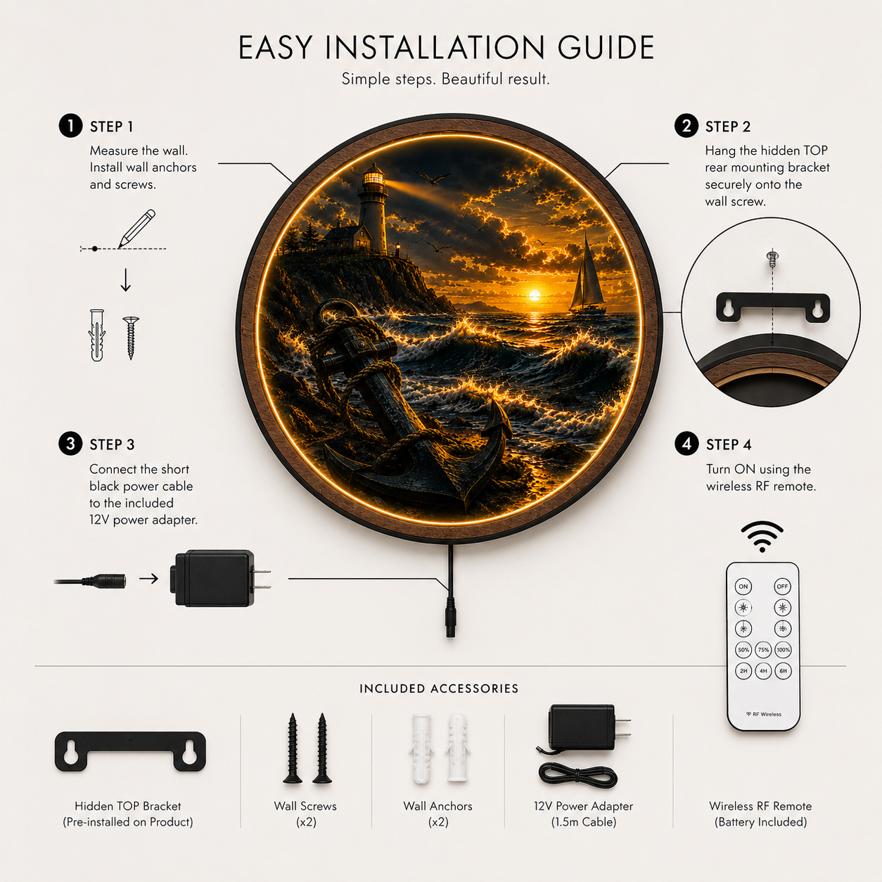 Beacon of Hope Round LED Wall Art | Lighthouse Sunset Acrylic Wall Decor with Wooden Frame