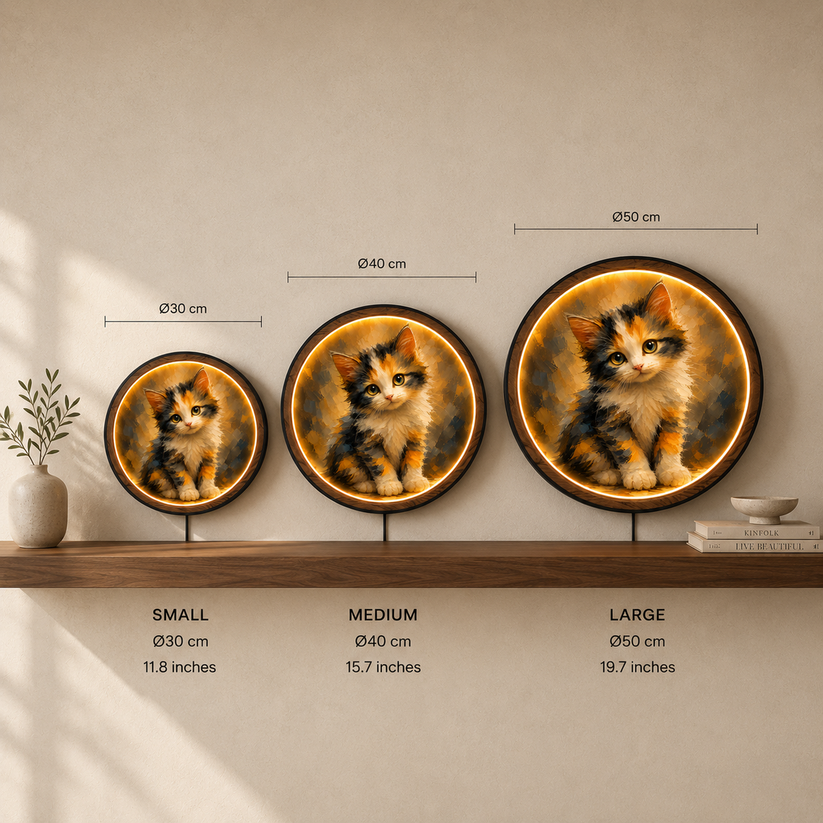 Cute Calico Kitten LED Wall Art Light – Round Acrylic Decor with Wooden Frame