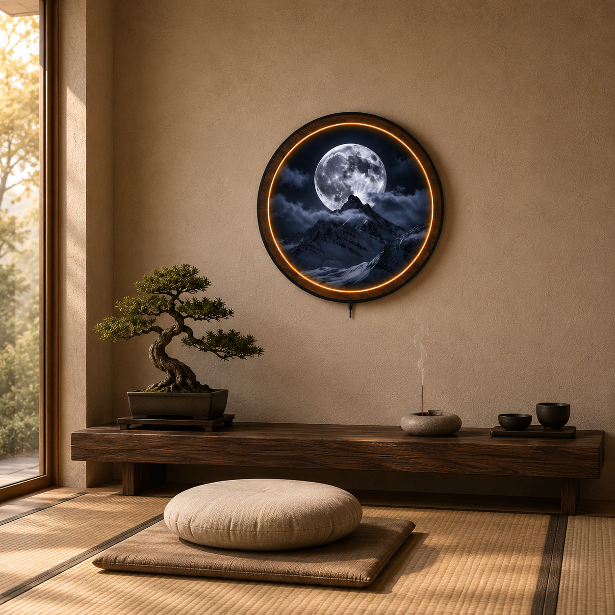 Moon & Snow Mountain Night Sky Print -Circular LED Wall Decor Light - Remote Control