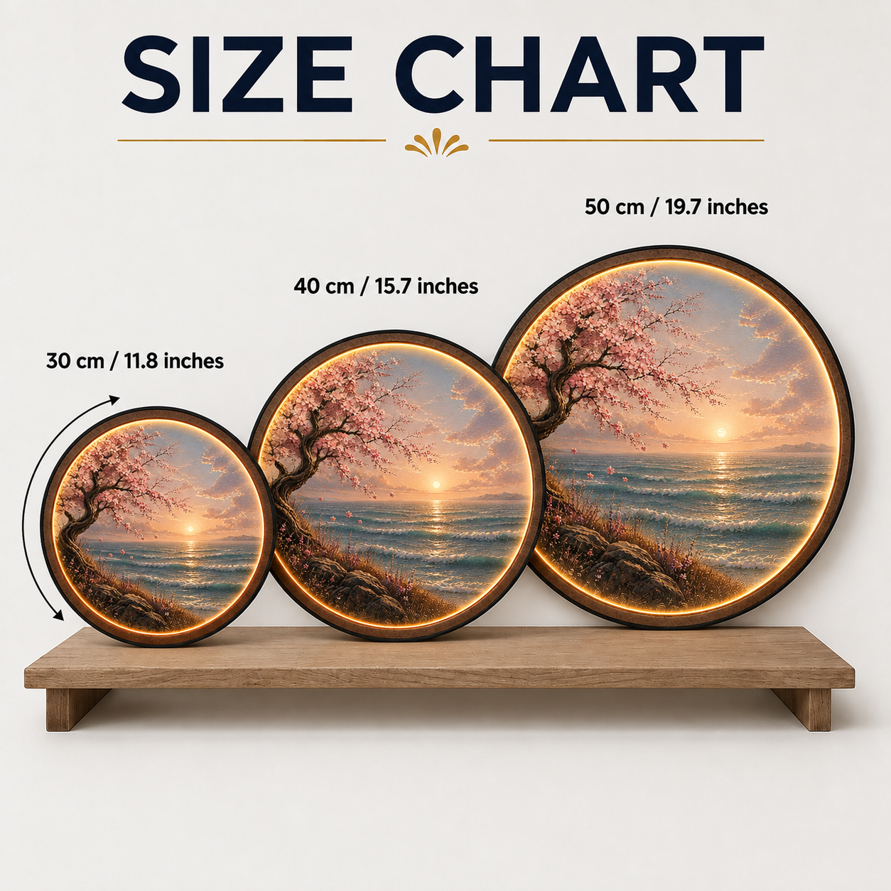 Cherry Blossom Coastal Sunset LED Wall Art – Round Illuminated Acrylic Decor
