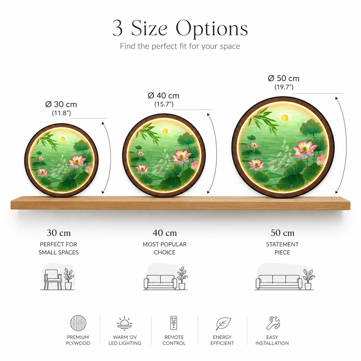 Pink Lotus Pond LED Wall Art - Koi Fish & Moon Round Wall Decor with Backlight