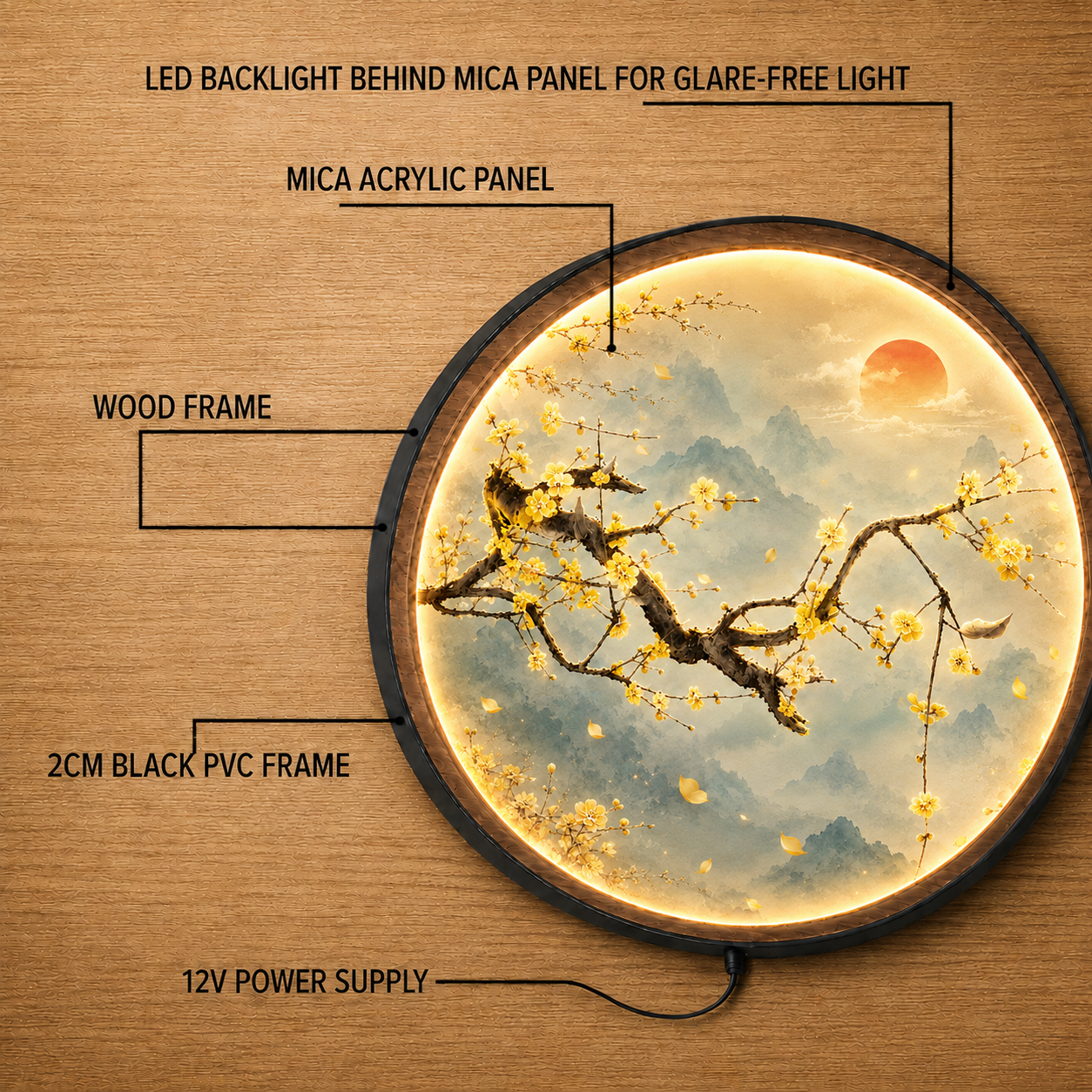 Golden Plum Blossom Mountain LED Wall Art – Round Illuminated Nature Decor