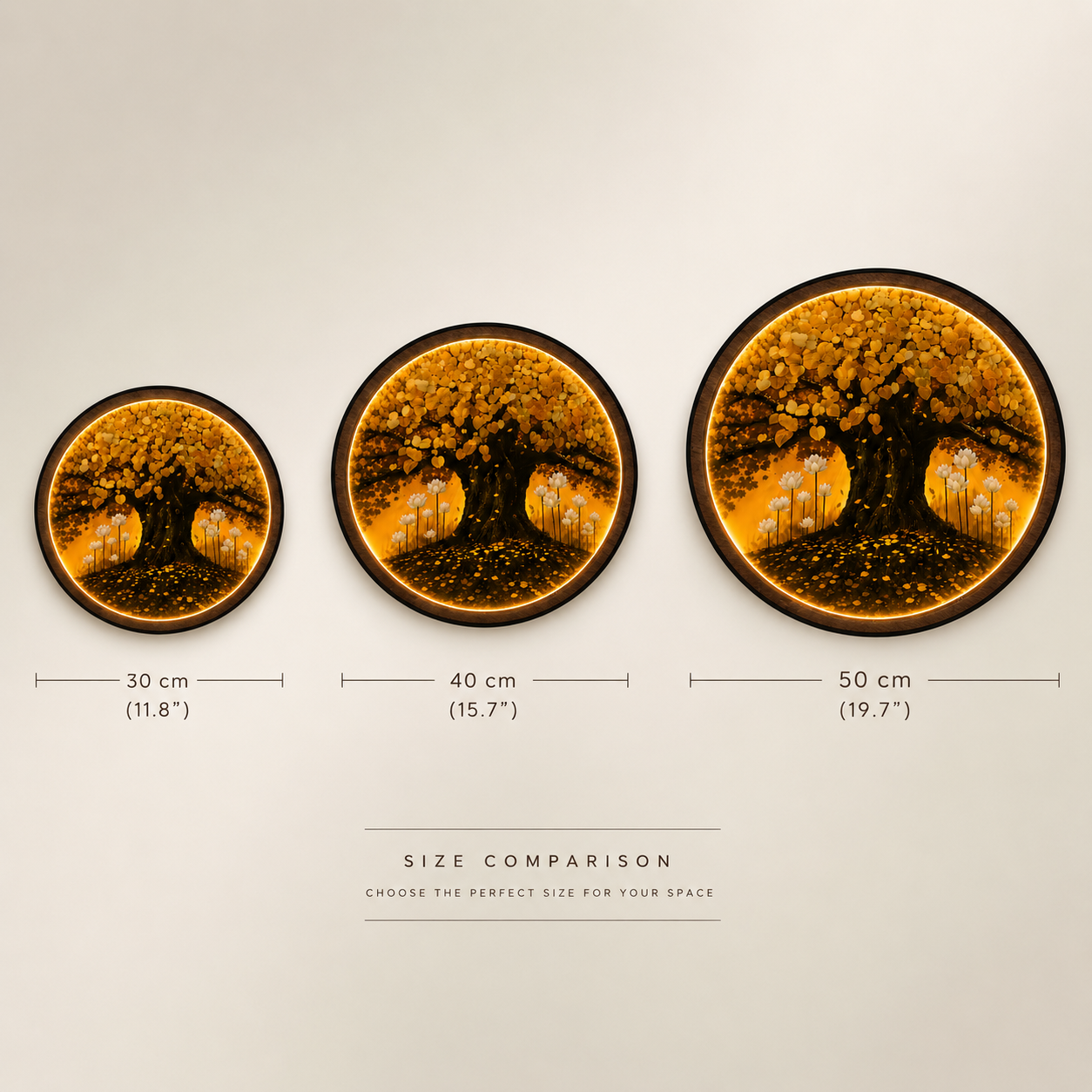 Golden Tree of Life LED Wall Art - Round Wooden Wall Decor with Lotus Flowers & Backlit LED
