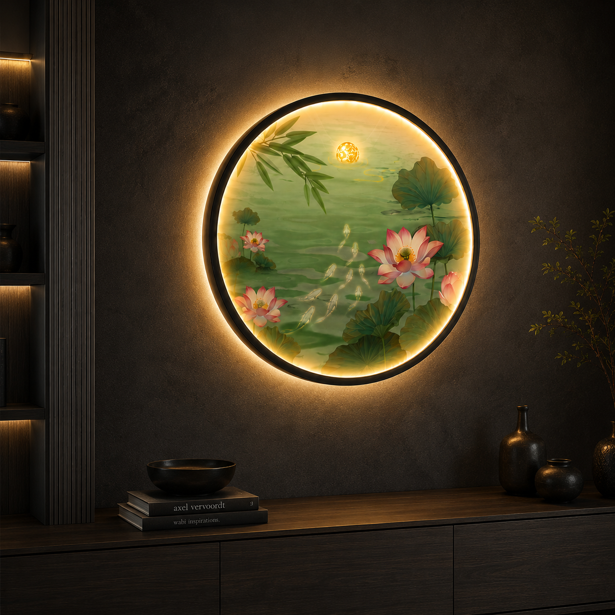 Pink Lotus Pond LED Wall Art - Koi Fish & Moon Round Wall Decor with Backlight