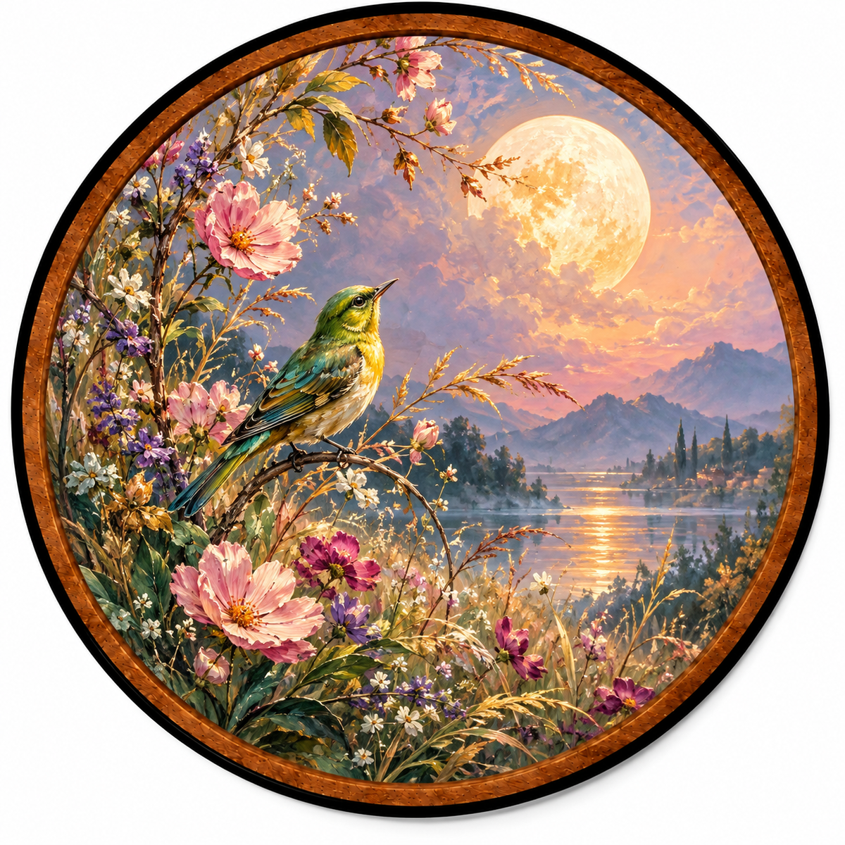 Moonlit Meadow Song – Handcrafted LED Wall Art | Colorful Songbird & Wildflowers