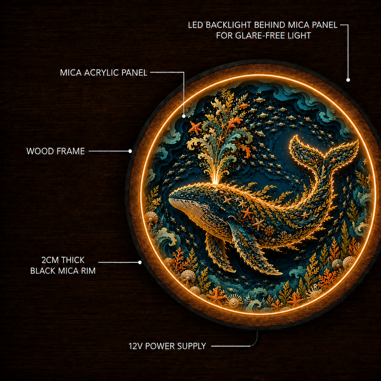 Majestic Ocean Whale LED Wall Art – Round Wooden Coastal Light Decor