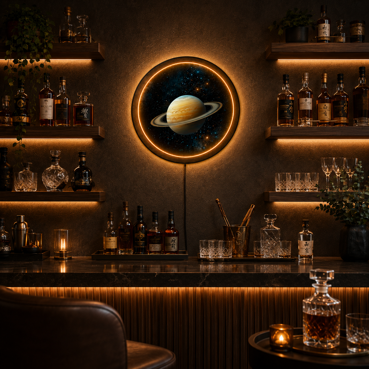 Saturn LED Wall Art Light – Circular Wooden Frame Space Decor Lamp