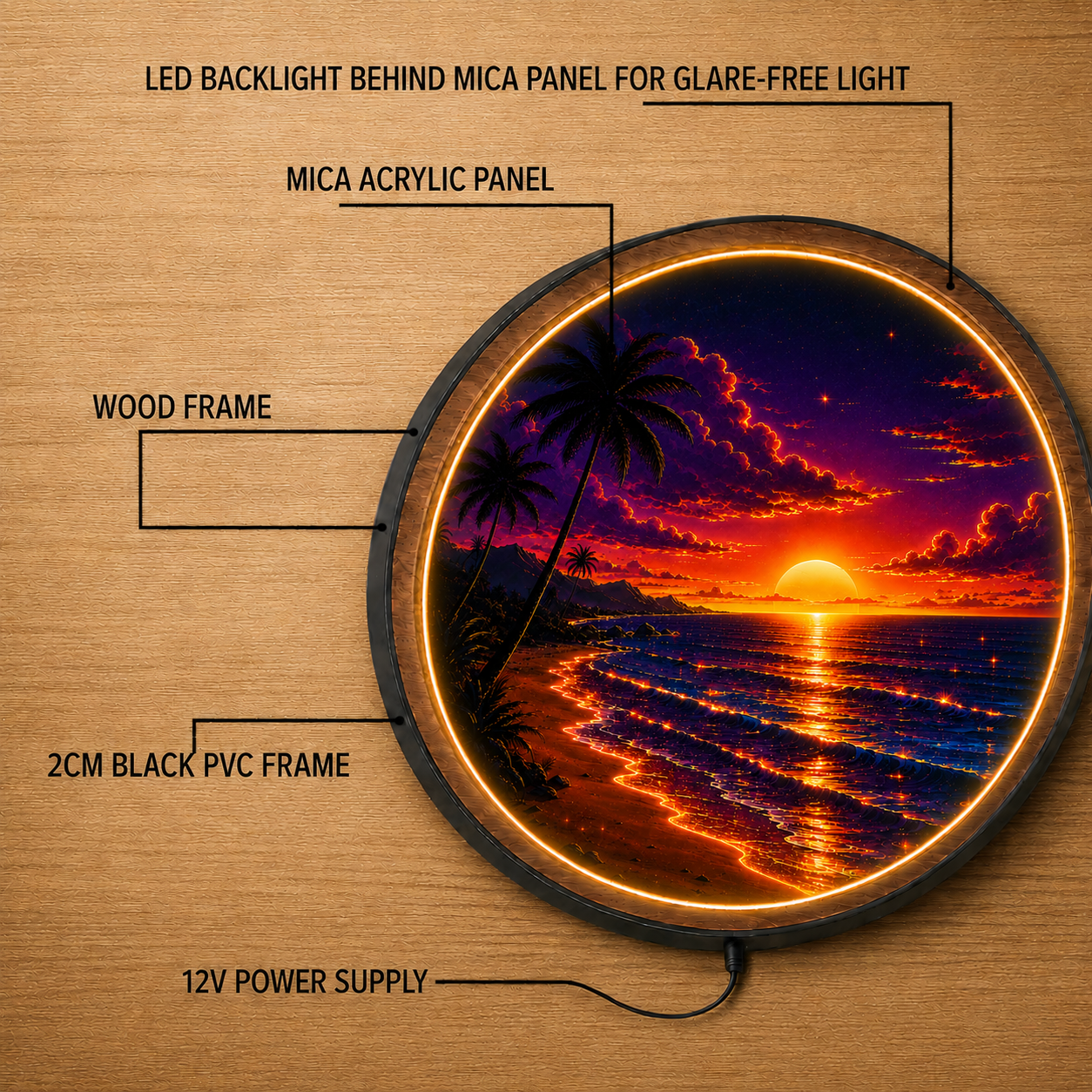 Golden Sunset Round LED Wall Art | Tropical Sunset Acrylic Wall Decor with Wooden Frame