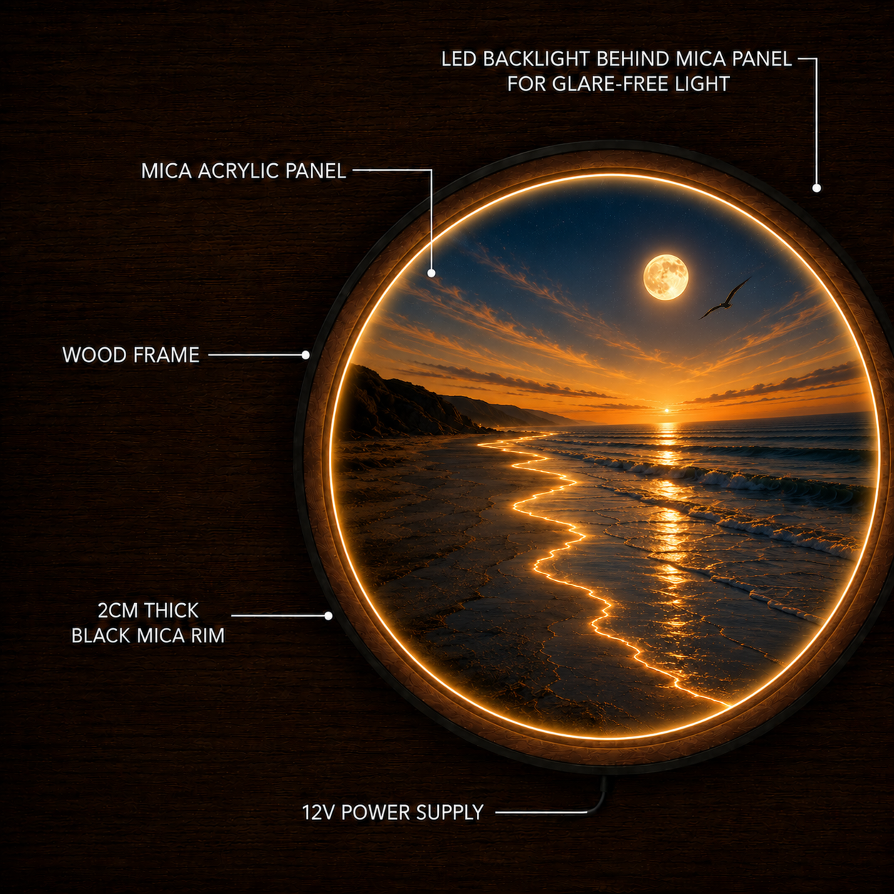 Moonlit Coastal Serenity LED Wall Art – Round Wooden Ocean Light Decor