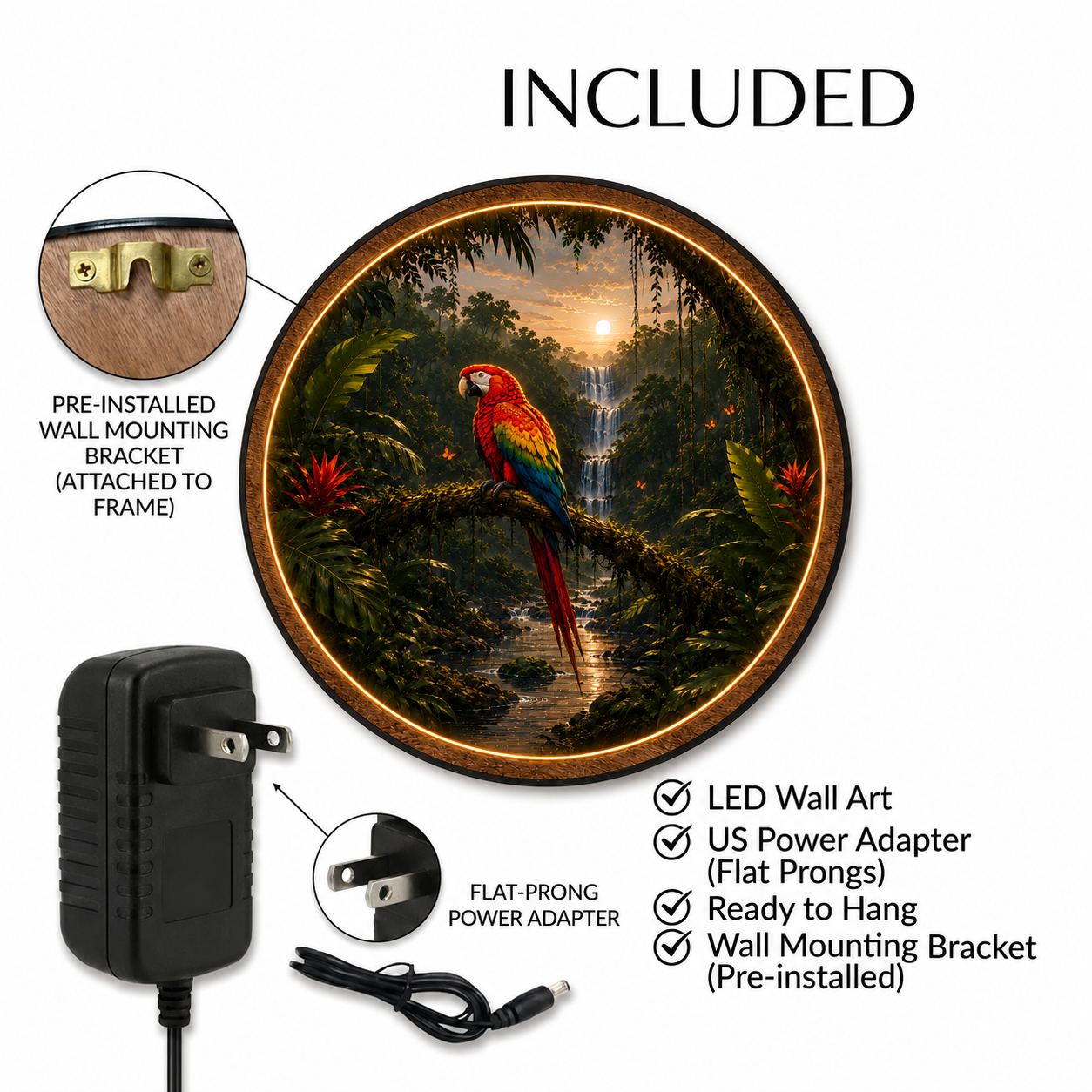 Tropical Macaw LED Wall Art – Rainforest Waterfall Lighted Decor
