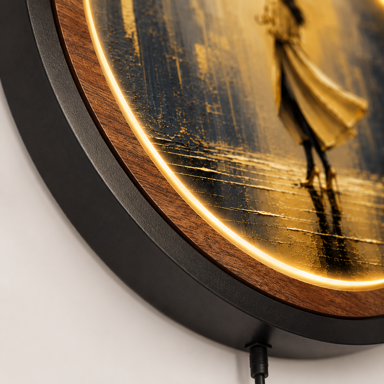 Golden Rain Elegance LED Wall Art | Round Illuminated Woman with Umbrella Wall Decor | Warm Ambient Light