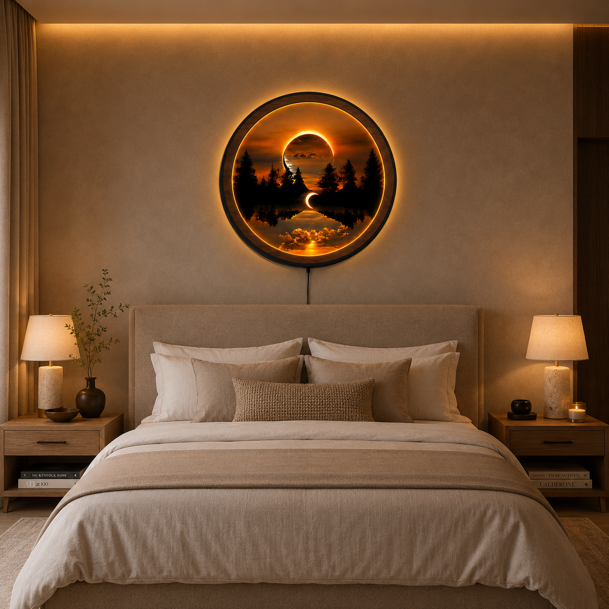 Wood Carved Solar Eclipse Forest Lake LED Wall Lamp | Crescent Moon Night Light Wall Art
