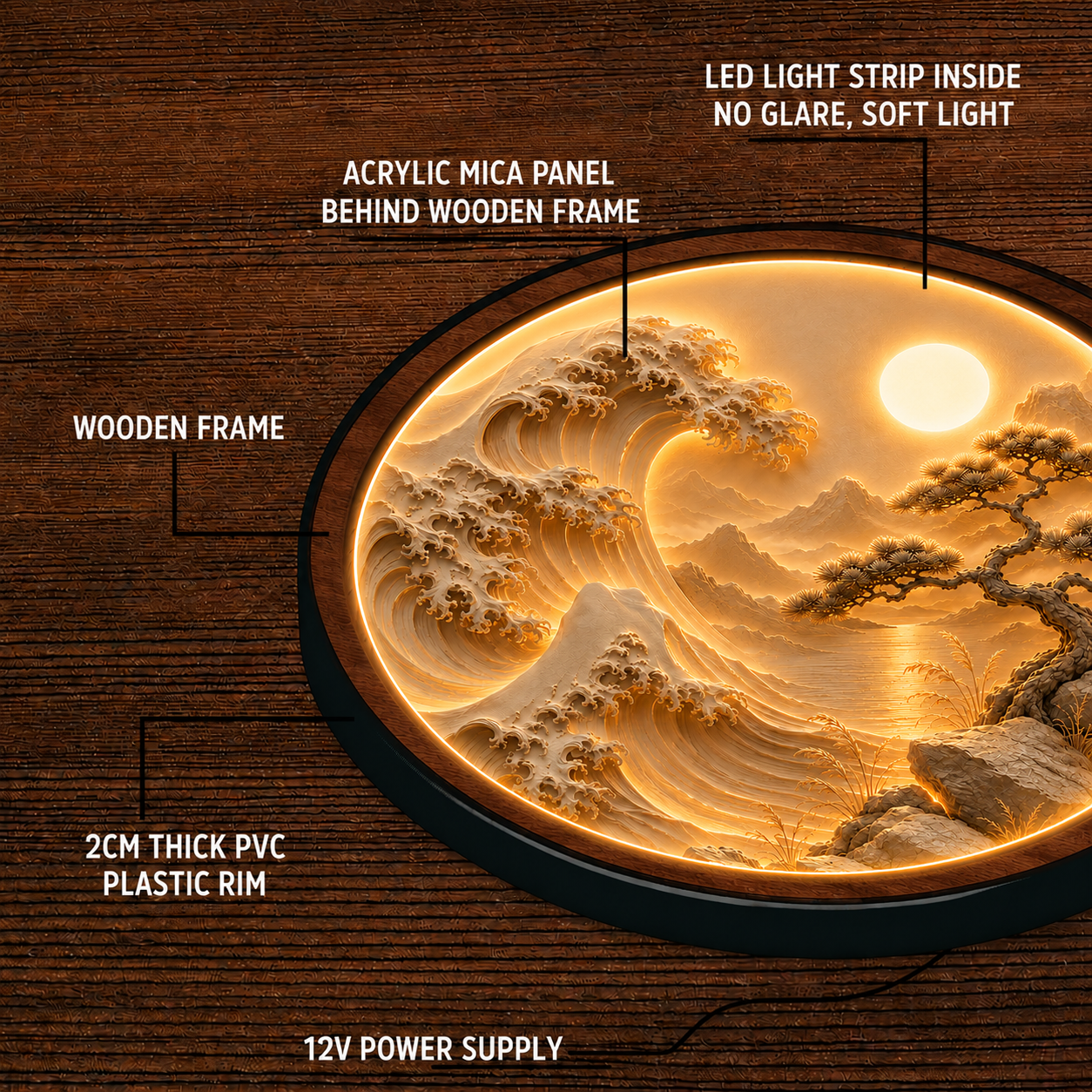 Japanese Wave & Bonsai LED Wall Art – Round Illuminated Acrylic Decor