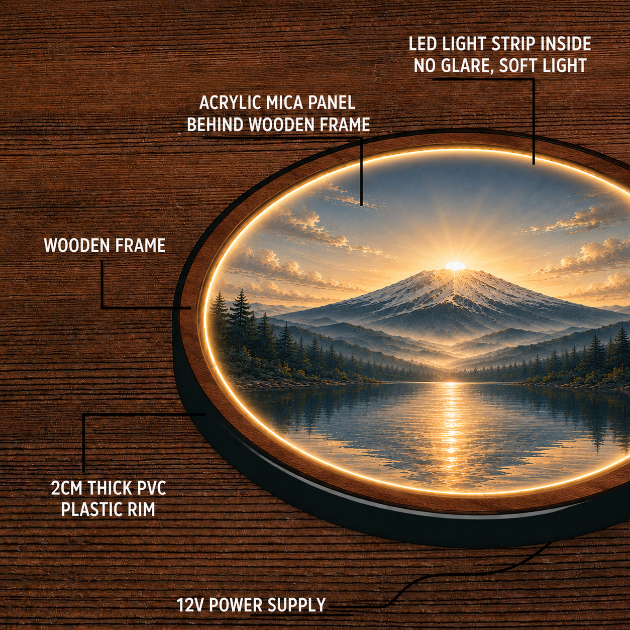 Mount Fuji Sunrise LED Wall Art – Round Illuminated Acrylic Decor