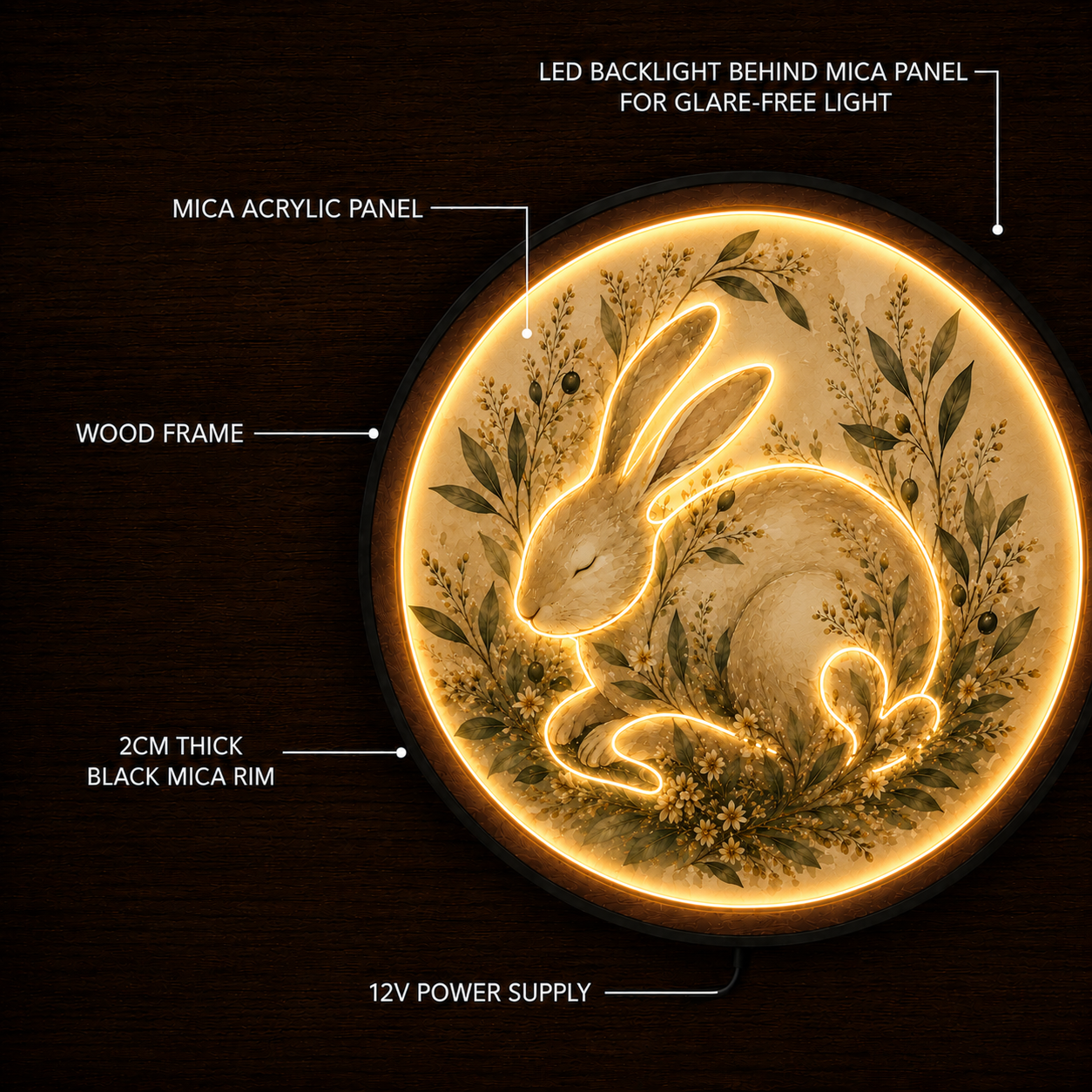 Sleeping Bunny LED Wall Art – Whimsical Round Wooden Night Light Decor